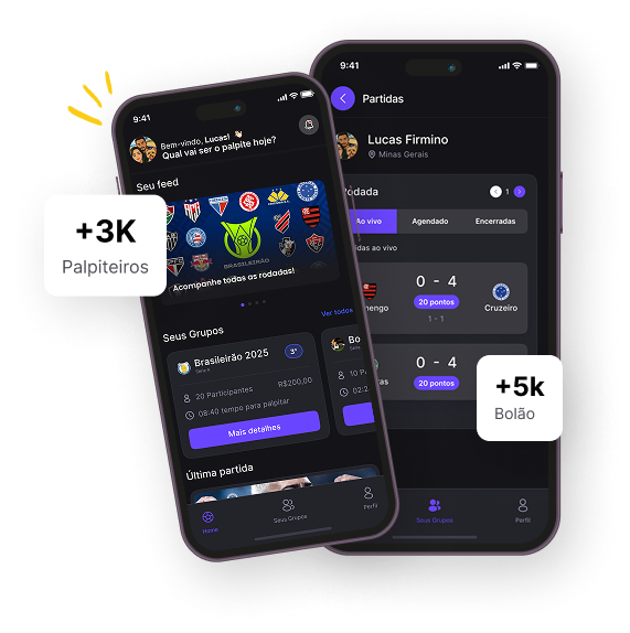 Mockups do aplicativo Entre Amigos mostrando a interface de palpites e grupos.